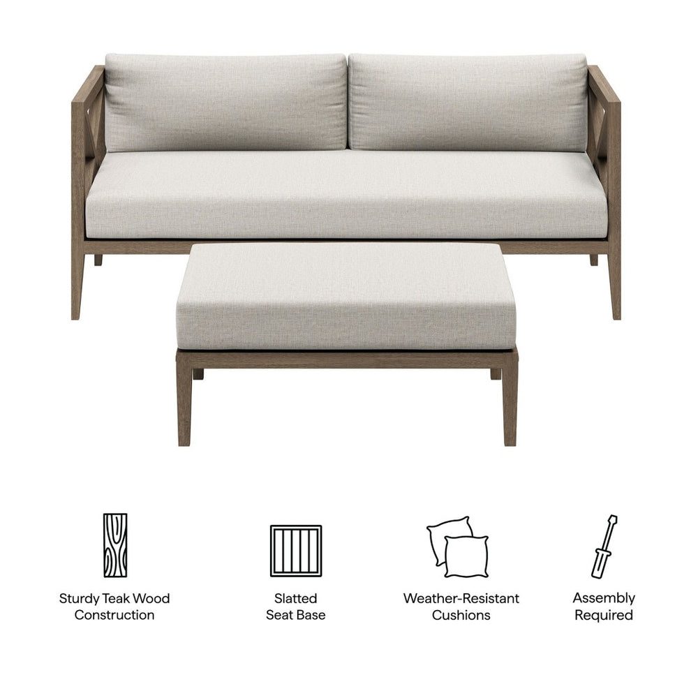 Modway Furniture Northlake Solid Teak Outdoor Loveseat Ottoman Set with All Weather Cushions Weathered Gray Pebble EEI-7273-WGR-PEB