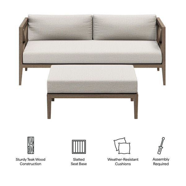 Modway Furniture Northlake Solid Teak Outdoor Loveseat Ottoman Set with All Weather Cushions Weathered Gray Pebble EEI-7273-WGR-PEB