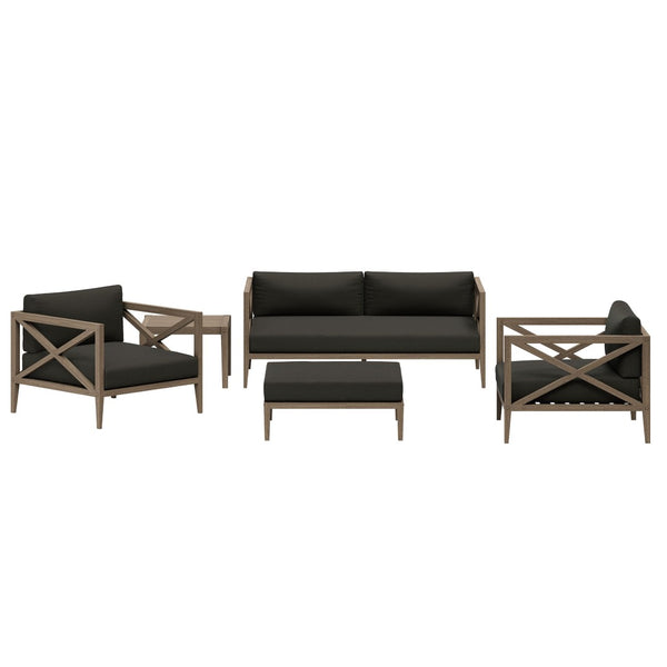 Modway Furniture Northlake Solid Teak Outdoor Patio Set with Cross-back Sofa Chairs Ottoman and Side Table Weathered Gray Flint EEI-7274-WGR-FLI