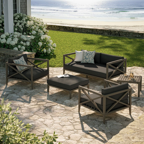 Modway Furniture Northlake Solid Teak Outdoor Patio Set with Cross-back Sofa Chairs Ottoman and Side Table Weathered Gray Flint EEI-7274-WGR-FLI