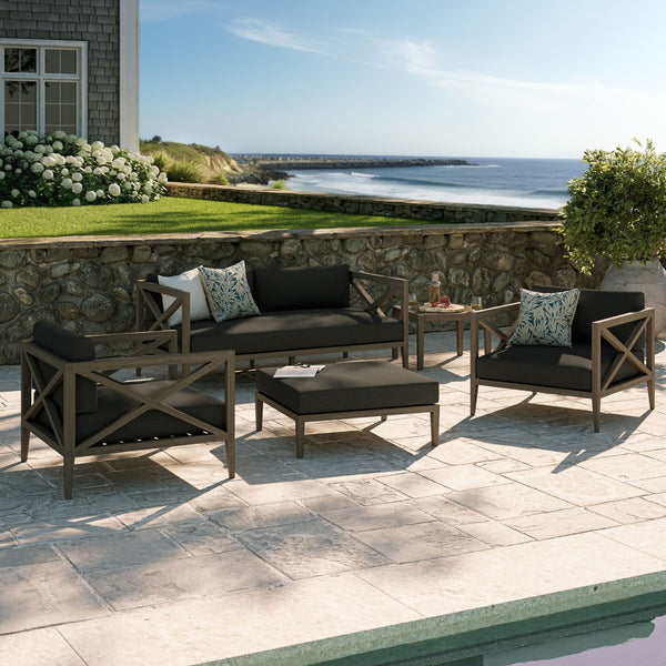 Modway Furniture Northlake Solid Teak Outdoor Patio Set with Cross-back Sofa Chairs Ottoman and Side Table Weathered Gray Flint EEI-7274-WGR-FLI