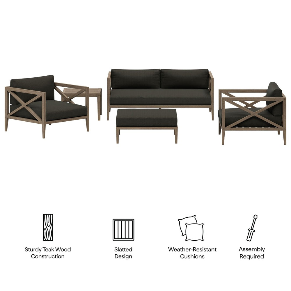 Modway Furniture Northlake Solid Teak Outdoor Patio Set with Cross-back Sofa Chairs Ottoman and Side Table Weathered Gray Flint EEI-7274-WGR-FLI