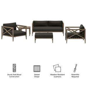 Modway Furniture Northlake Solid Teak Outdoor Patio Set with Cross-back Sofa Chairs Ottoman and Side Table Weathered Gray Flint EEI-7274-WGR-FLI