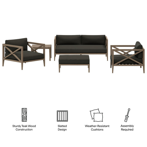 Modway Furniture Northlake Solid Teak Outdoor Patio Set with Cross-back Sofa Chairs Ottoman and Side Table Weathered Gray Flint EEI-7274-WGR-FLI