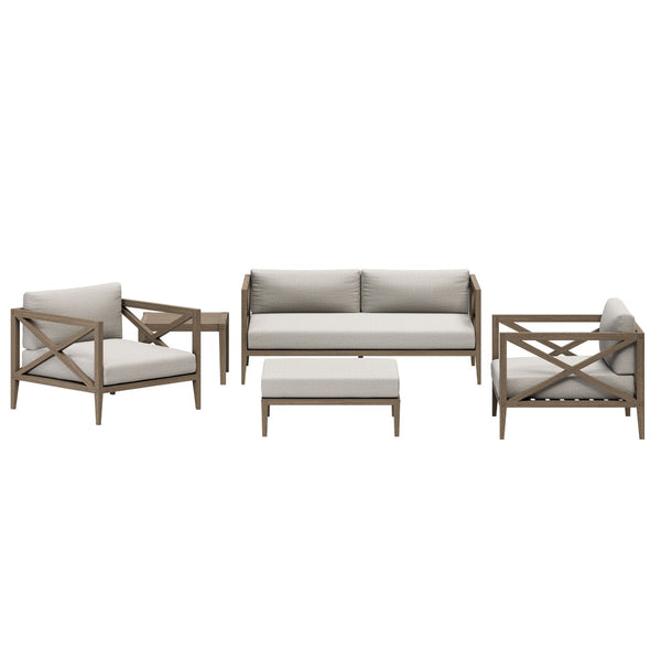 Modway Furniture Northlake Solid Teak Outdoor Patio Set with Cross-back Sofa Chairs Ottoman and Side Table Weathered Gray Pebble EEI-7274-WGR-PEB