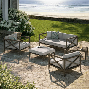 Modway Furniture Northlake Solid Teak Outdoor Patio Set with Cross-back Sofa Chairs Ottoman and Side Table Weathered Gray Pebble EEI-7274-WGR-PEB