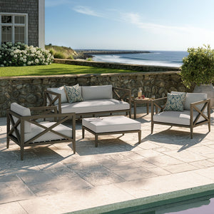 Modway Furniture Northlake Solid Teak Outdoor Patio Set with Cross-back Sofa Chairs Ottoman and Side Table Weathered Gray Pebble EEI-7274-WGR-PEB