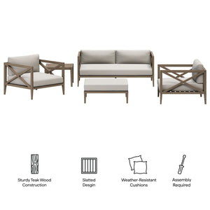 Modway Furniture Northlake Solid Teak Outdoor Patio Set with Cross-back Sofa Chairs Ottoman and Side Table Weathered Gray Pebble EEI-7274-WGR-PEB