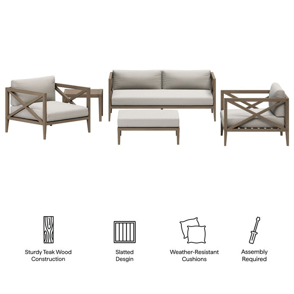 Modway Furniture Northlake Solid Teak Outdoor Patio Set with Cross-back Sofa Chairs Ottoman and Side Table Weathered Gray Pebble EEI-7274-WGR-PEB