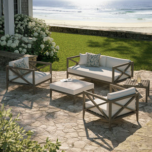 Modway Furniture Northlake 5-Piece Teak Outdoor Patio Furniture Set with Plush Cushions - Weather-Resistant Comfort EEI-7274-WGR-WHI