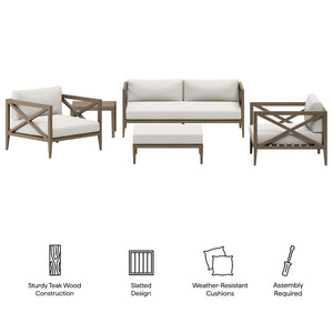 Modway Furniture Northlake 5-Piece Teak Outdoor Patio Furniture Set with Plush Cushions - Weather-Resistant Comfort EEI-7274-WGR-WHI