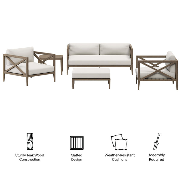 Modway Furniture Northlake 5-Piece Teak Outdoor Patio Furniture Set with Plush Cushions - Weather-Resistant Comfort EEI-7274-WGR-WHI