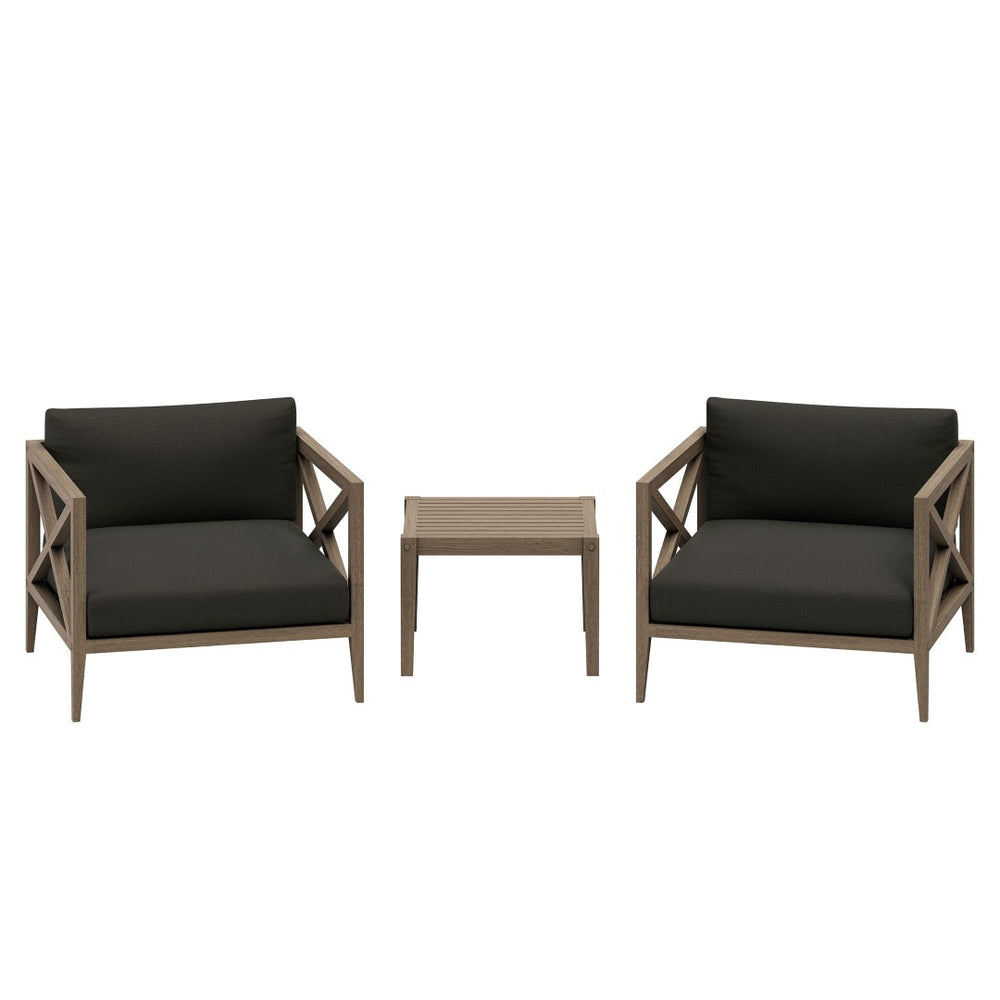 Modway Furniture Northlake Solid Teak Outdoor 3 Piece Lounge Set with Cross Back Armchairs and Side Table Weathered Gray Flint EEI-7275-WGR-FLI