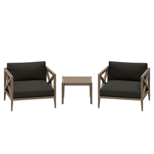 Modway Furniture Northlake Solid Teak Outdoor 3 Piece Lounge Set with Cross Back Armchairs and Side Table Weathered Gray Flint EEI-7275-WGR-FLI