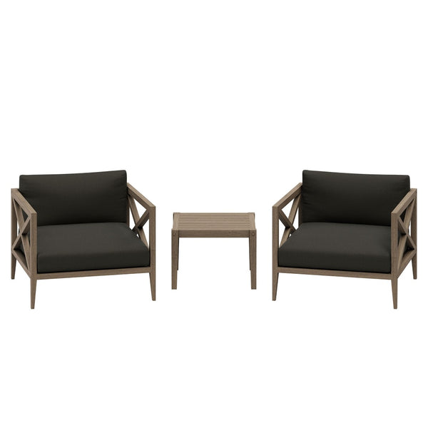 Modway Furniture Northlake Solid Teak Outdoor 3 Piece Lounge Set with Cross Back Armchairs and Side Table Weathered Gray Flint EEI-7275-WGR-FLI