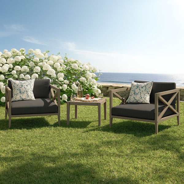 Modway Furniture Northlake Solid Teak Outdoor 3 Piece Lounge Set with Cross Back Armchairs and Side Table Weathered Gray Flint EEI-7275-WGR-FLI