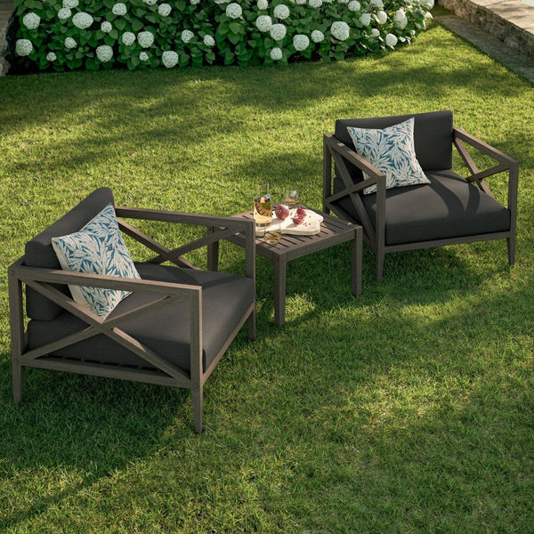 Modway Furniture Northlake Solid Teak Outdoor 3 Piece Lounge Set with Cross Back Armchairs and Side Table Weathered Gray Flint EEI-7275-WGR-FLI