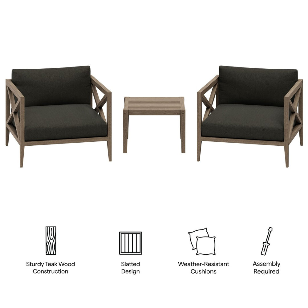 Modway Furniture Northlake Solid Teak Outdoor 3 Piece Lounge Set with Cross Back Armchairs and Side Table Weathered Gray Flint EEI-7275-WGR-FLI