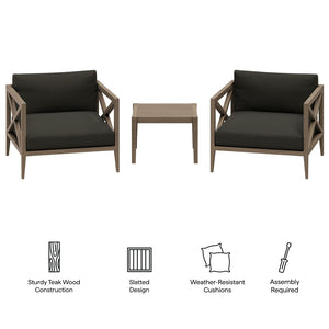 Modway Furniture Northlake Solid Teak Outdoor 3 Piece Lounge Set with Cross Back Armchairs and Side Table Weathered Gray Flint EEI-7275-WGR-FLI