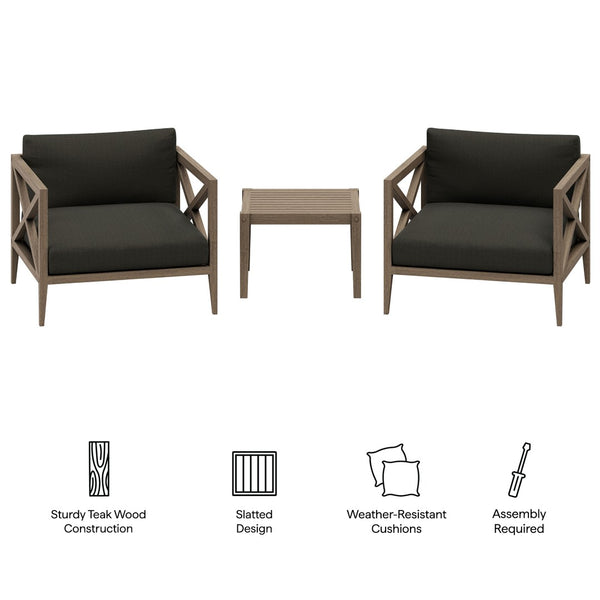 Modway Furniture Northlake Solid Teak Outdoor 3 Piece Lounge Set with Cross Back Armchairs and Side Table Weathered Gray Flint EEI-7275-WGR-FLI