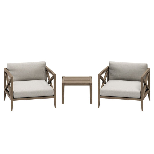 Modway Furniture Northlake Solid Teak Outdoor 3 Piece Lounge Set with Cross Back Armchairs and Side Table Weathered Gray Pebble EEI-7275-WGR-PEB