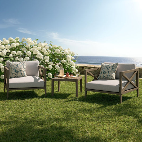 Modway Furniture Northlake Solid Teak Outdoor 3 Piece Lounge Set with Cross Back Armchairs and Side Table Weathered Gray Pebble EEI-7275-WGR-PEB