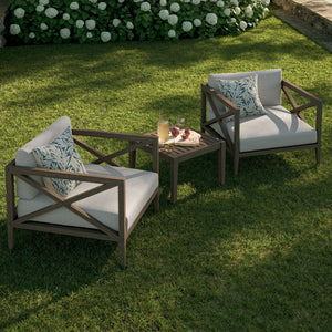 Modway Furniture Northlake Solid Teak Outdoor 3 Piece Lounge Set with Cross Back Armchairs and Side Table Weathered Gray Pebble EEI-7275-WGR-PEB