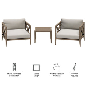 Modway Furniture Northlake Solid Teak Outdoor 3 Piece Lounge Set with Cross Back Armchairs and Side Table Weathered Gray Pebble EEI-7275-WGR-PEB