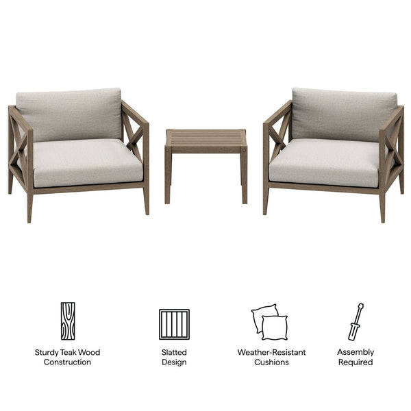 Modway Furniture Northlake Solid Teak Outdoor 3 Piece Lounge Set with Cross Back Armchairs and Side Table Weathered Gray Pebble EEI-7275-WGR-PEB