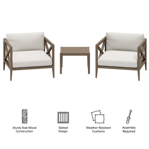Modway Furniture Northlake 3-Piece Teak Patio Furniture Set with Weather-Resistant Cushions for Outdoor Comfort EEI-7275-WGR-WHI