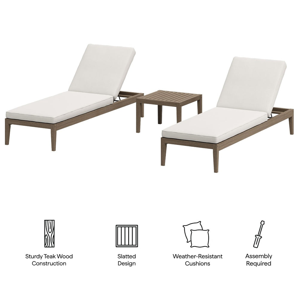 Modway Furniture Northlake 3-Piece Teak Wood Outdoor Lounge Set with Adjustable Chaises & Side Table - Weather Resistant EEI-7276-WGR-WHI