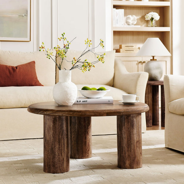 Modway Furniture Mavina Round Mango Wood Coffee Table – Sculptural Centerpiece for Modern and Boho Interiors Walnut EEI-7286-WAL
