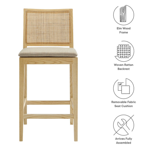 Modway Furniture Ovard Wood & Rattan Counter Stool - Stylish, Comfortable Seating for Kitchen & Dining Spaces EEI-7290-NAT-BEI