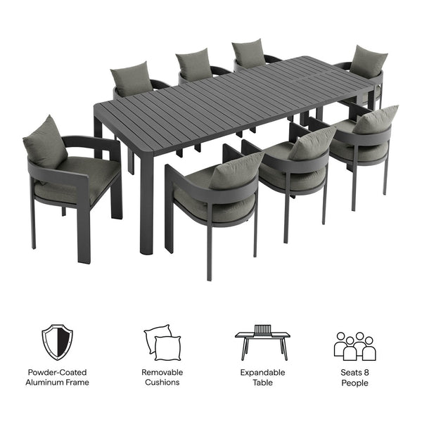 Modway Furniture Tahoe 9-Piece Outdoor Patio Aluminum Dining Set with Extendable Table for Modern Alfresco Gatherings Gray Charcoal EEI-7295-GRY-CHA