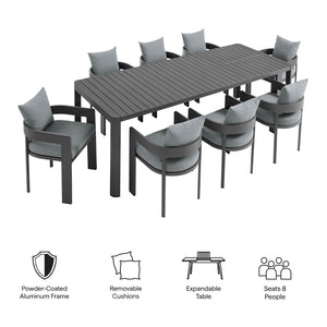 Modway Furniture Tahoe 9-Piece Outdoor Patio Aluminum Dining Set with Extendable Table for Modern Alfresco Gatherings Gray Gray EEI-7295-GRY-GRY