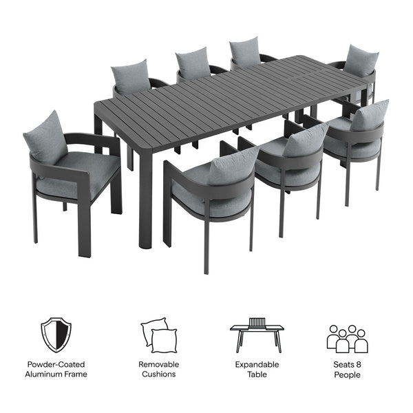 Modway Furniture Tahoe 9-Piece Outdoor Patio Aluminum Dining Set with Extendable Table for Modern Alfresco Gatherings Gray Gray EEI-7295-GRY-GRY