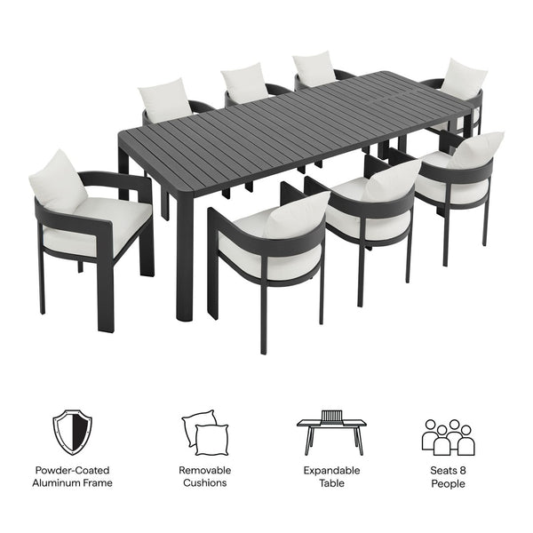 Modway Furniture Tahoe 9-Piece Outdoor Patio Aluminum Dining Set with Extendable Table for Modern Alfresco Gatherings Gray White EEI-7295-GRY-WHI