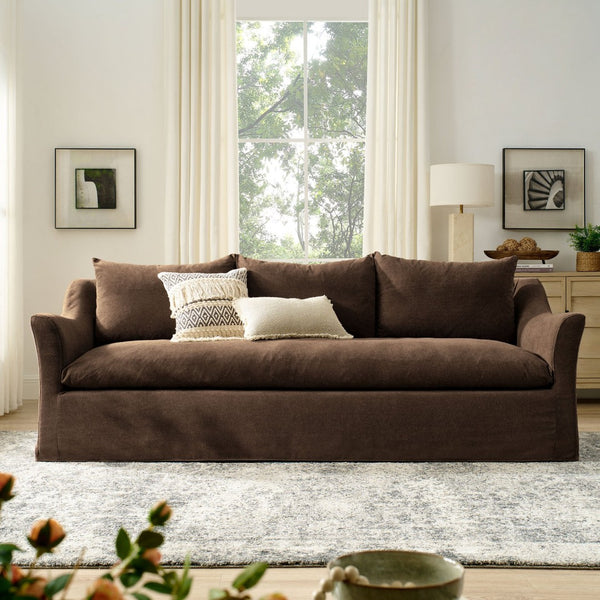Modway Furniture Somerset Slipcovered Three Seat Sofa with Bench Cushion and Curved Arms for Living Room Cocoa EEI-7310-COA