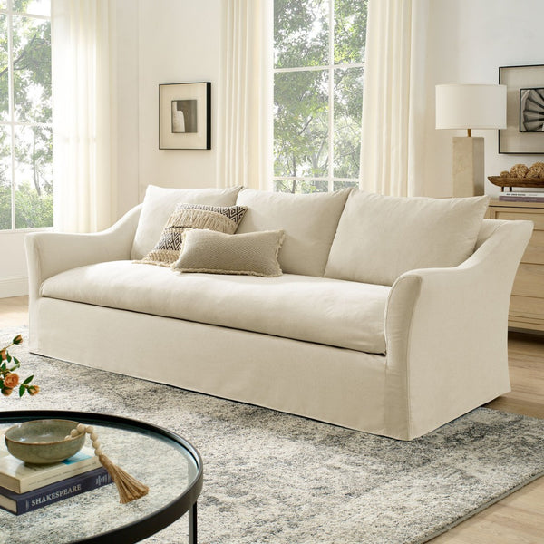 Modway Furniture Somerset Slipcovered Three Seat Sofa with Bench Cushion and Curved Arms for Living Room Linen EEI-7310-LIN
