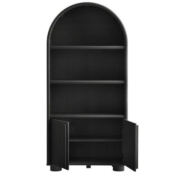 Modway Furniture Bellamy Tall Arched Bookcase with Open Shelving and Soft Close Doors Wood Grain EEI-7314-BLK