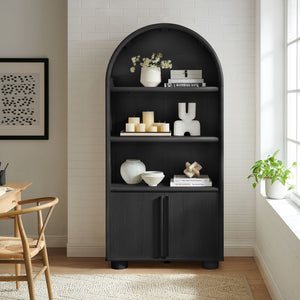 Modway Furniture Bellamy Tall Arched Bookcase with Open Shelving and Soft Close Doors Wood Grain EEI-7314-BLK
