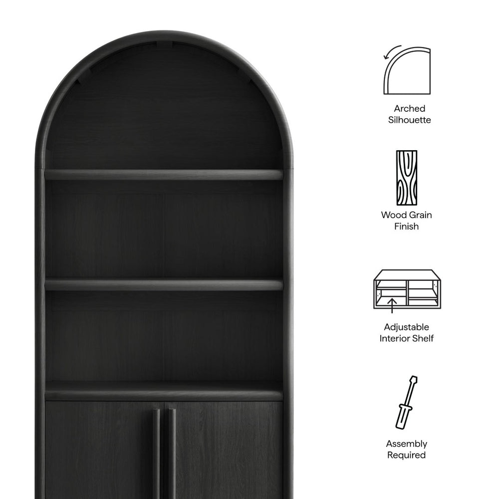 Modway Furniture Bellamy Tall Arched Bookcase with Open Shelving and Soft Close Doors Wood Grain EEI-7314-BLK
