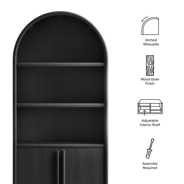 Modway Furniture Bellamy Tall Arched Bookcase with Open Shelving and Soft Close Doors Wood Grain EEI-7314-BLK