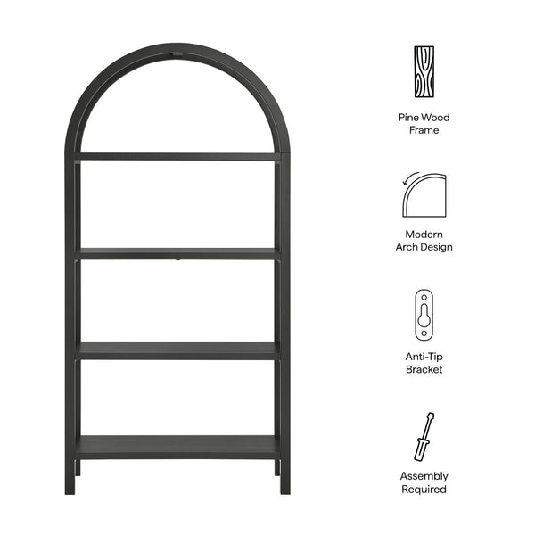 Modway Furniture Vexley 72 Inch Arched Bookshelf - Sculptural Pine Display Unit for Modern Living Spaces and Decor Black EEI-7318-BLK