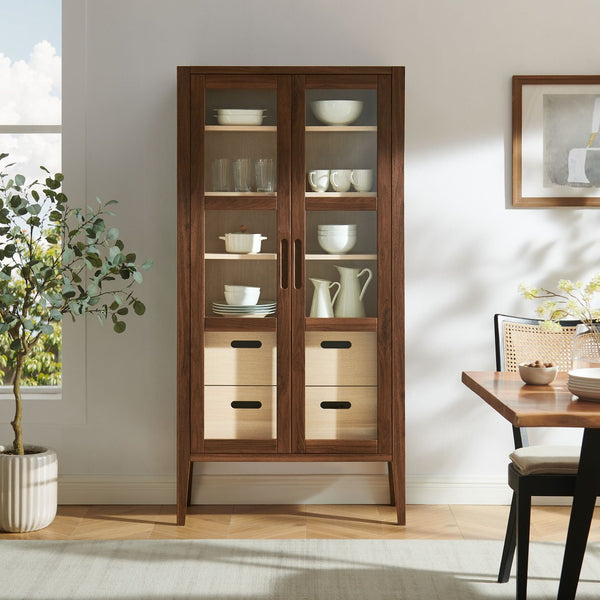 Modway Furniture Nell 71" Mid-Century Glass Door Display Cabinet - Elegant Walnut Storage for Modern Interiors EEI-7320-WAL-ASH