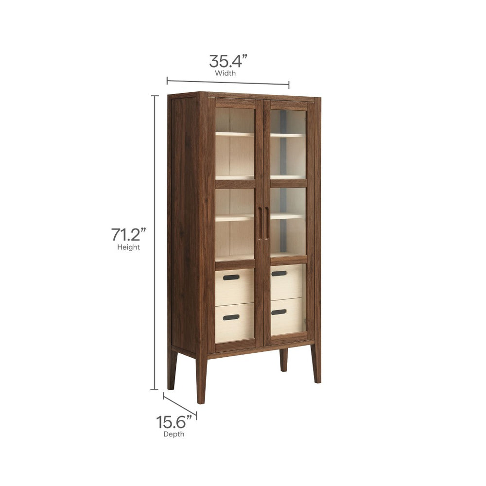 Modway Furniture Nell 71" Mid-Century Glass Door Display Cabinet - Elegant Walnut Storage for Modern Interiors EEI-7320-WAL-ASH
