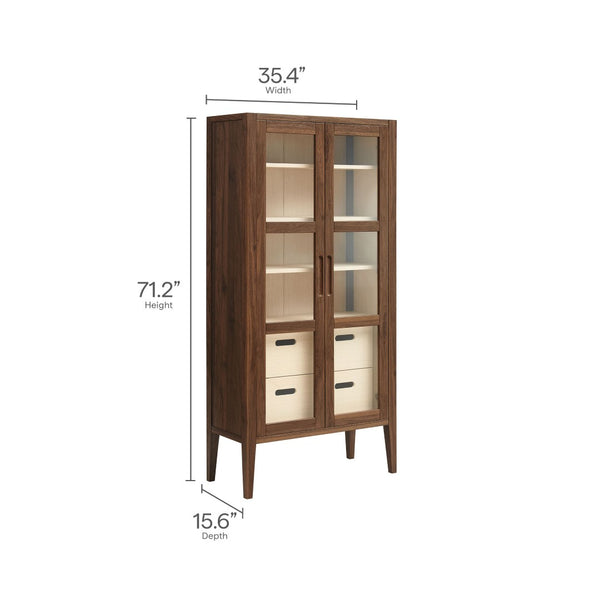 Modway Furniture Nell 71" Mid-Century Glass Door Display Cabinet - Elegant Walnut Storage for Modern Interiors EEI-7320-WAL-ASH