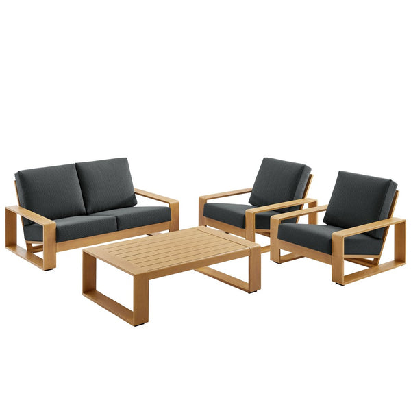 Modway Furniture Lirienne 4-Piece Outdoor Patio Furniture Set - Durable Aluminum with Faux Wood, Modern Comfort Charcoal Natural EEI-7322-CHA-NAT