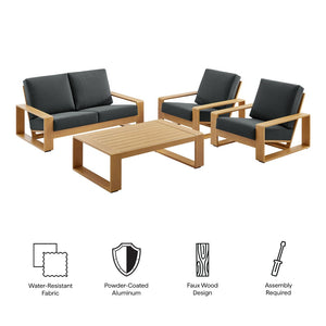 Modway Furniture Lirienne 4-Piece Outdoor Patio Furniture Set - Durable Aluminum with Faux Wood, Modern Comfort Charcoal Natural EEI-7322-CHA-NAT