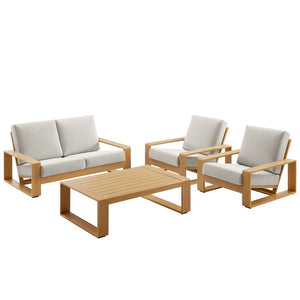Modway Furniture Lirienne 4-Piece Outdoor Patio Furniture Set - Durable Aluminum with Faux Wood, Modern Comfort Ivory Natural EEI-7322-IVO-NAT